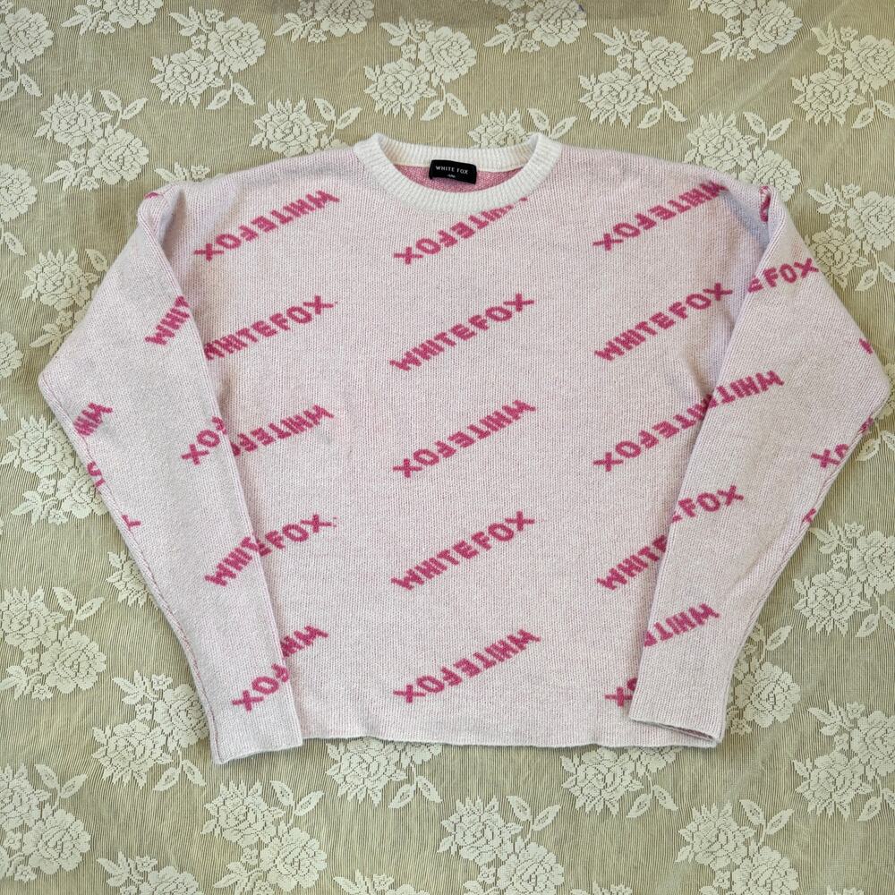 White Fox Pink Logo Knit Sweater Size S/M